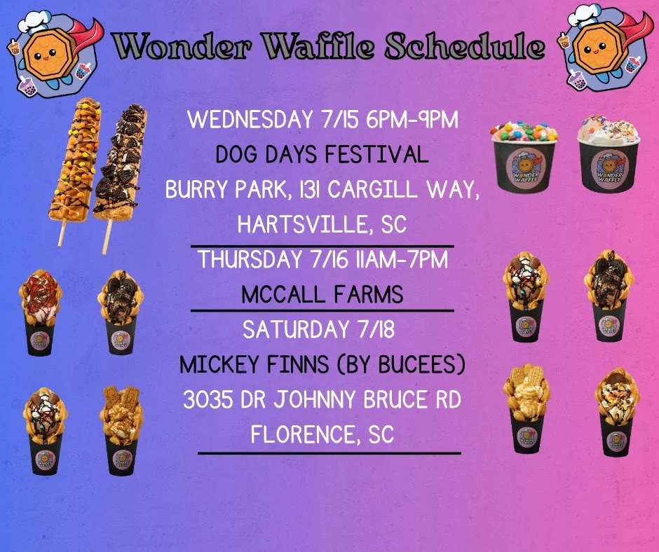 ✨ Hey, Wonder Fam! ✨

Check out this week's schedule and stop by to grab your favorite bubble waffles, waffle pops, ice cream cups, Refreshers, Fizzes, and Milk Teas! We can't wait to see you and serve up something delicious. 💙🧇🥤