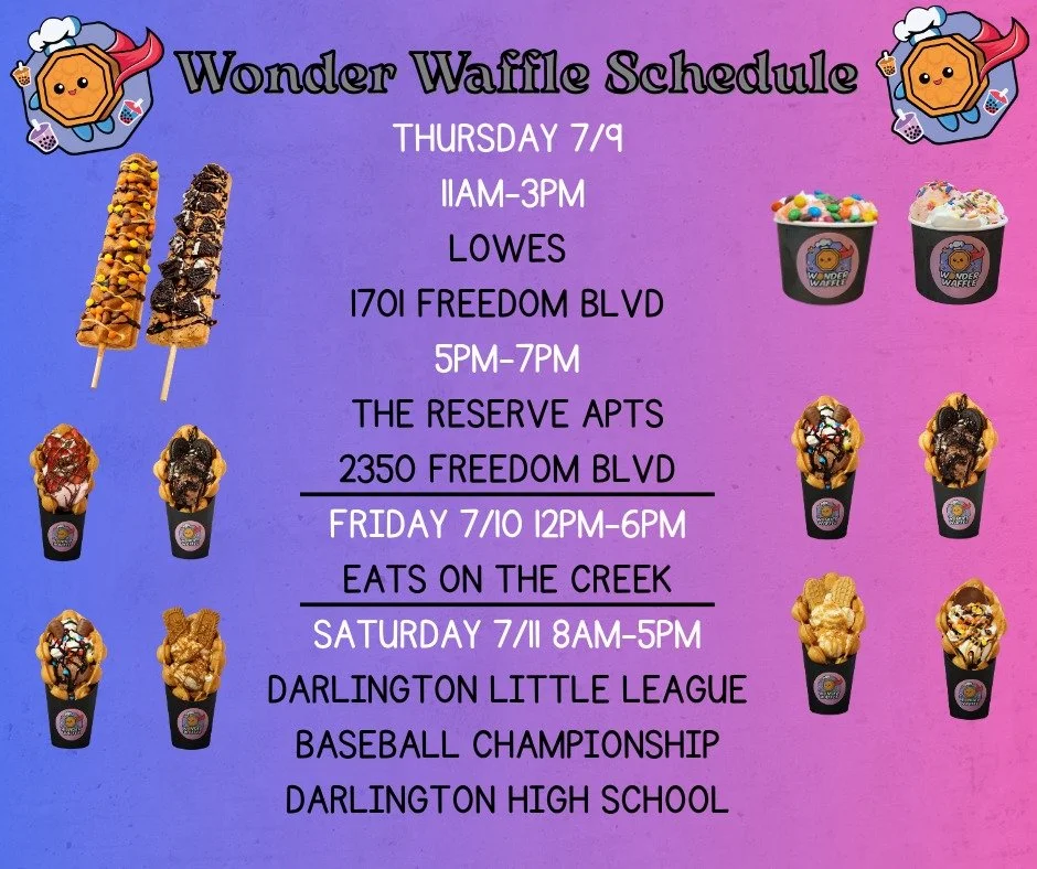 Hey Wonderfam! ✨ Check out this week's schedule! We hope you had an amazing 4th of July and can't wait to see you this week. Stop by and treat yourself to your favorite bubble waffles, waffle pops, milk teas, fizzes, freshers, and ice cream. See you 