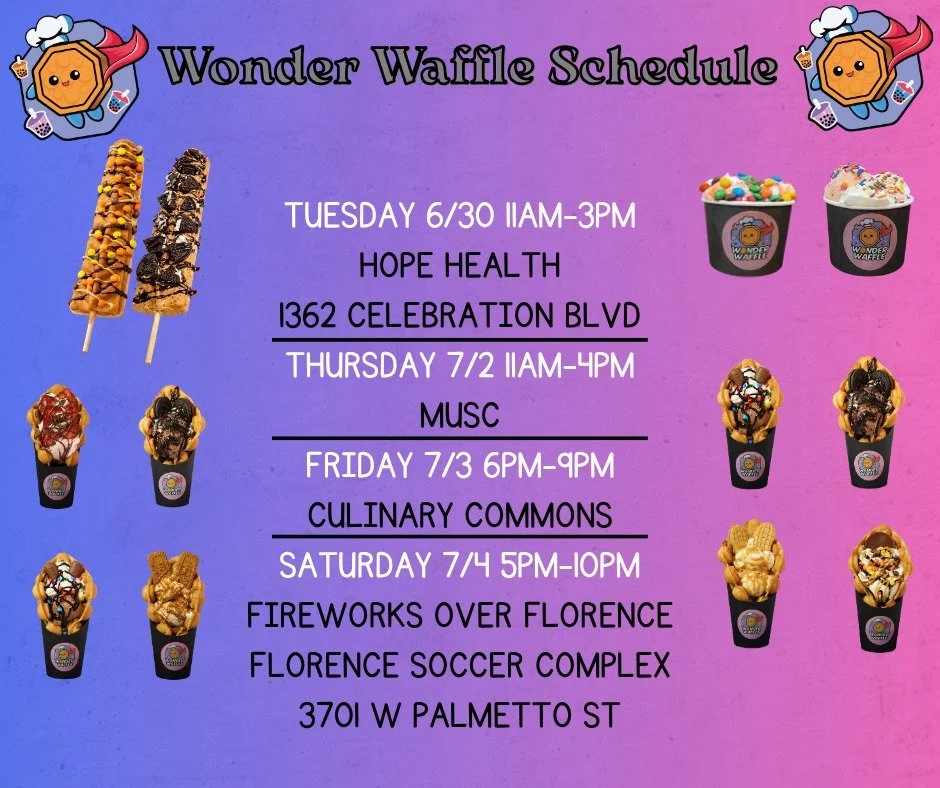 🎆 Hey Wonderfam! 🎆

Check out this week's schedule and come celebrate the Fourth of July with us! 🇺🇸

Stop by and grab your favorite bubble waffles, waffle pops, ice cream cups, milk teas, fizzes, and freshers while enjoying an evening full of fu