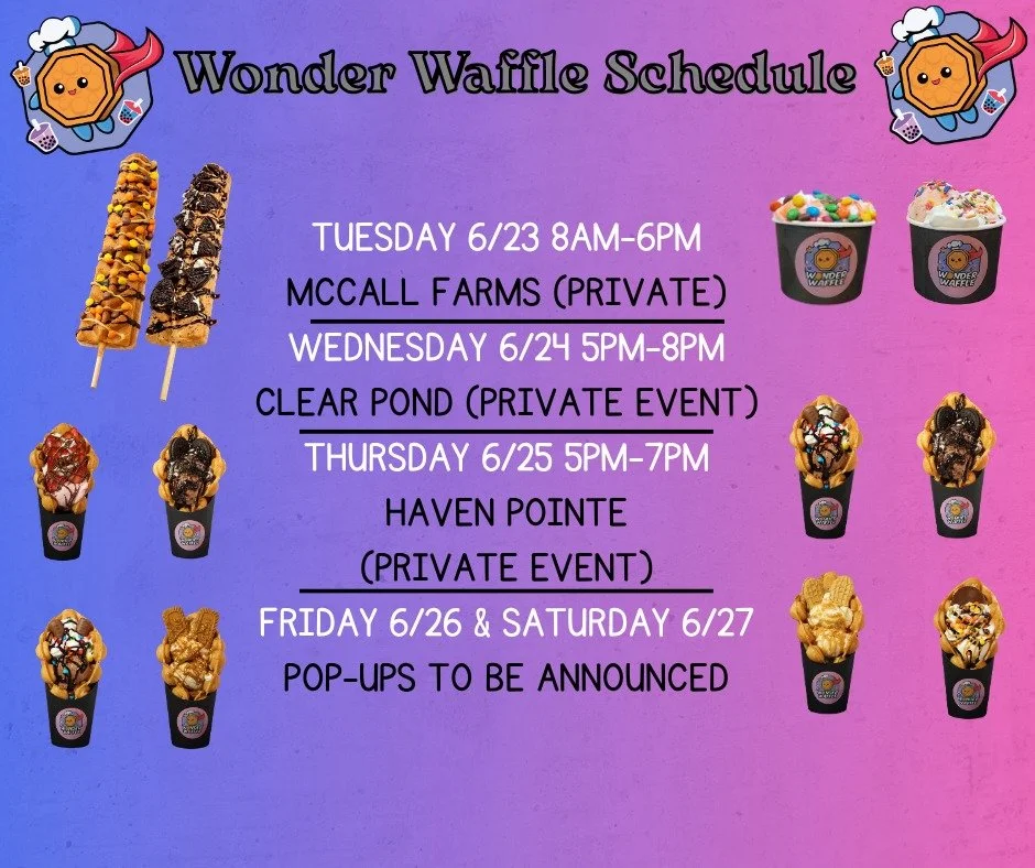 Hey WonderFam! 💙 We've got a couple of private events this week, so stay tuned for our weekend locations! Come treat yourself to your favorite bubble waffles and refreshing drinks. See you soon! 🧇🥤