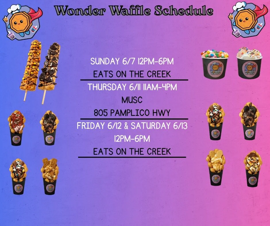 🧇 Hey WonderFam!

Check out this week's schedule and swing by for a sweet treat. Grab a Bubble Waffle, Waffle Pops, Milk Tea, Fizz, or Refresher and make your day a little more wonderful! ✨