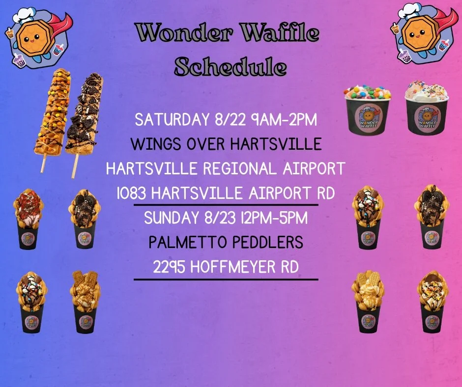 Hey WonderFam! 💜✨ Check out this weekend's schedule and come enjoy all your favorites! 🧇🧋🍦

We can&rsquo;t wait to see you! Grab your favorite Bubble Waffles, Waffle Pops, Milk Teas, Fizzes, Refreshers, and Ice Cream Cups! 💜

See you soon, Wonde