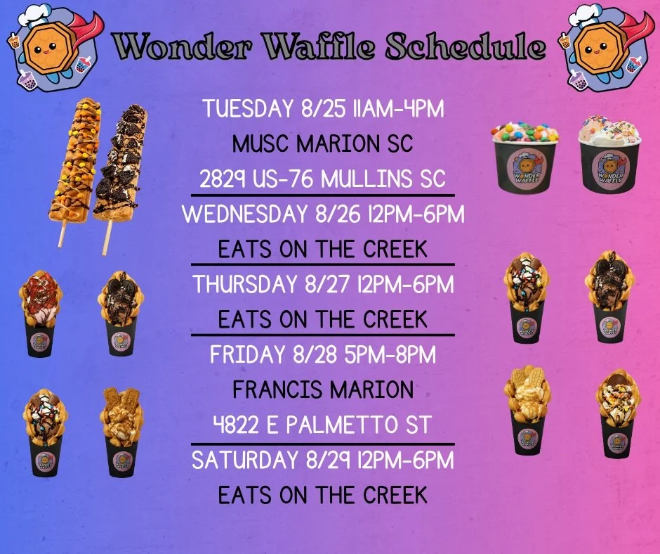 Hey WonderFam! 💜✨ Check out this week&rsquo;s busy schedule! We can&rsquo;t wait to see you and serve up all your favorites! 🧇🧋🍦 Come say hello and make it a Wonder-ful week! 💫