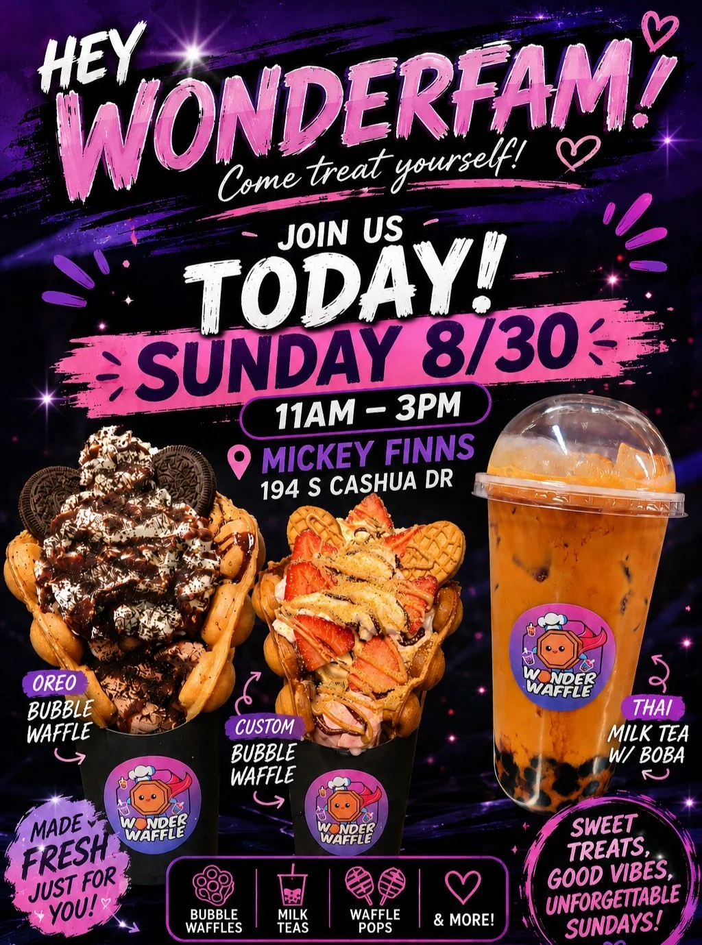 Hey WonderFam! 💜✨ Don&rsquo;t forget to stop by and grab some of your favorite desserts! 😍

🧇 Bubble Waffles🍡 Waffle Pops🍦 Ice Cream Cups🧋 Milk Teas🍓 Freshers🥤 Fizzes

Come treat yourself and make your Sunday a little sweeter! 💕 We can&rsquo