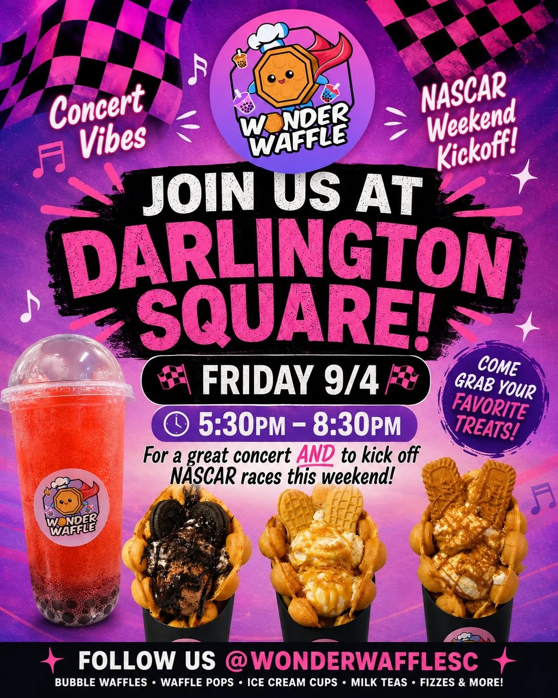 Hey Wonderfam! 🧇💕 Come join us at the Darlington Square this Friday for an evening full of your favorite treats, an exciting concert, and maybe even a chance to see some of the upcoming NASCAR race cars! 🏁🏎️🎶 We can&rsquo;t wait to see you there