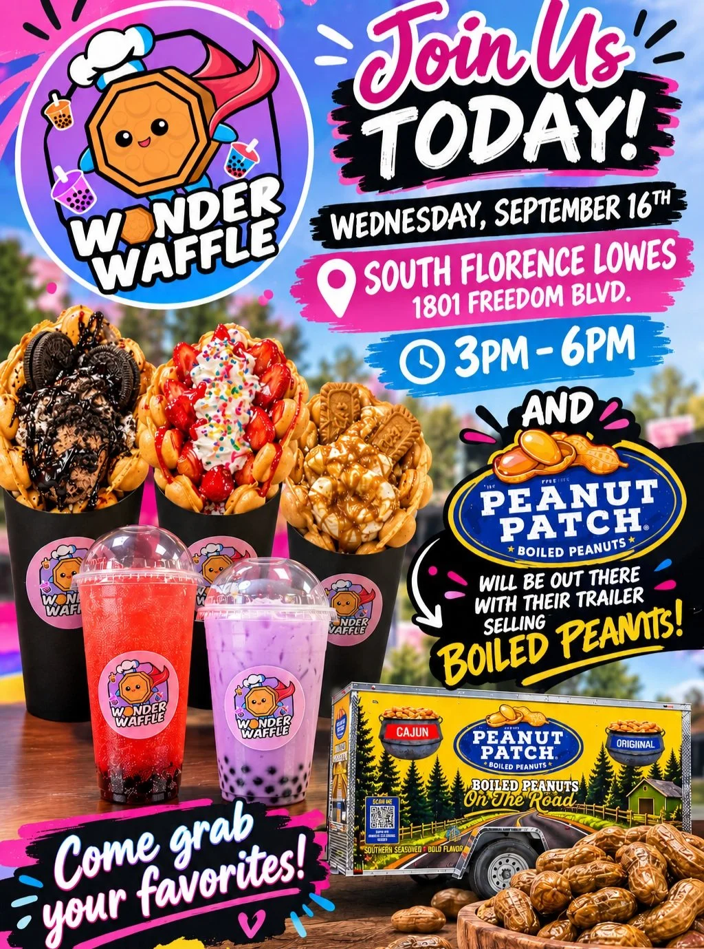 Hey WonderFam! 🧇🧋 Come swing by Lowe&rsquo;s today to grab your favorite desserts and beverages and join us for the launch of the Peanut Patch Trailer! 🥜🎉
Come grab something sweet from Wonder Waffle and some delicious boiled peanuts from Peanut 