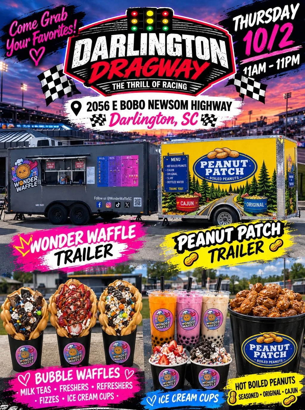 Hey WonderFam! We have an exciting day planned for you! We are going to have both our Wonder Waffle 🧇 and Peanut Patch Boiled Peanut trailer 🥜 set up at the Darlington Dragway from 11AM-11PM today 10/2! Come stop by and show our trailers and these 
