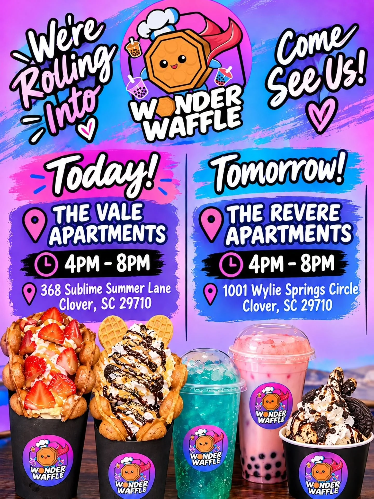 Hey WonderFam! Come check us out in Clover, SC! Stop by and grab your favorite Bubble Waffle, Milk Teas, Fizzes, Freshers, Waffle Pops, and Ice Cream Cups!🧋❤️🧇