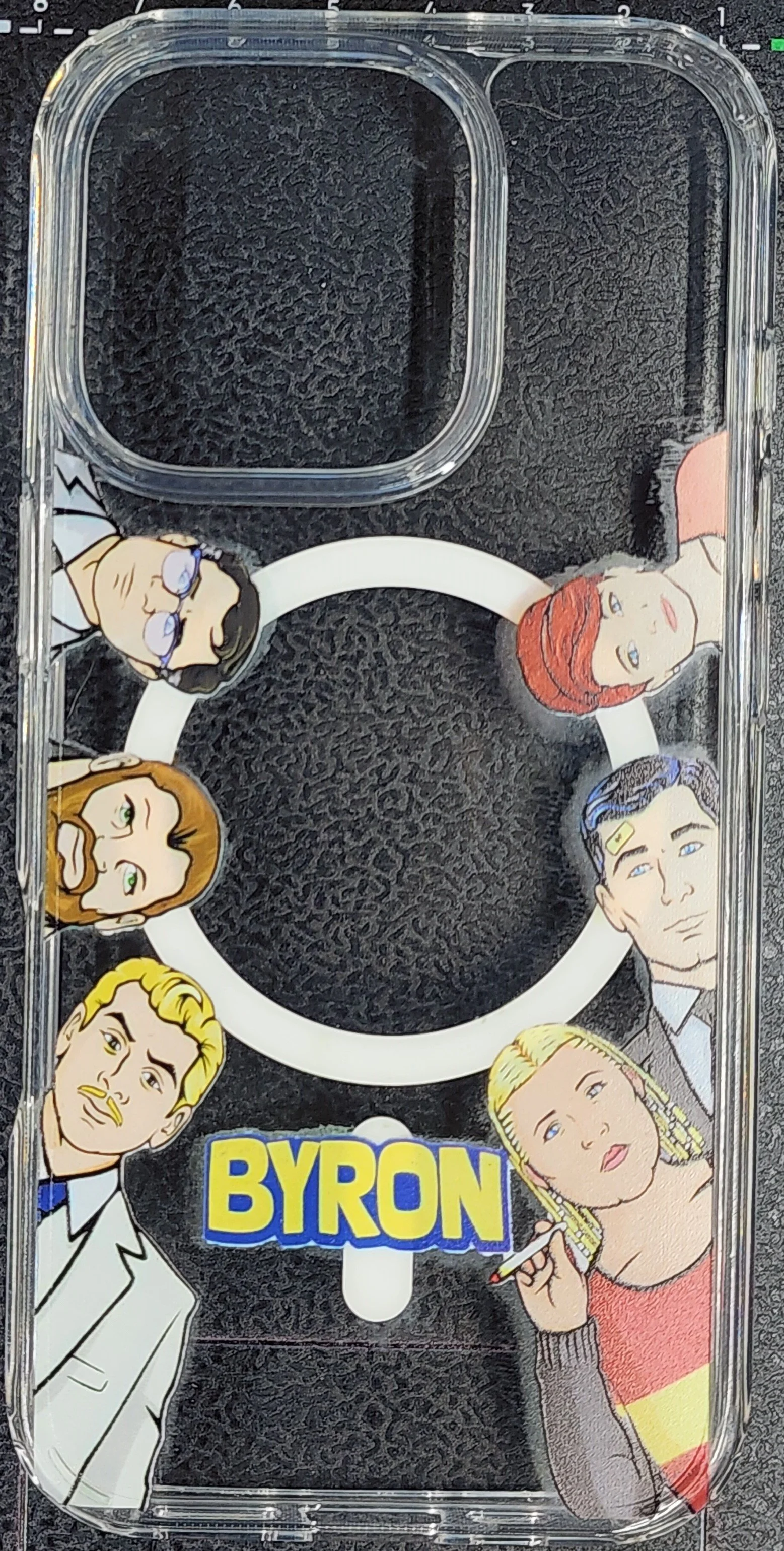 A phone case with cartoon illustrations of six characters from the TV show "Stranger Things," arranged in a circle, with the name "BYRON" in bold yellow and blue letters at the bottom.