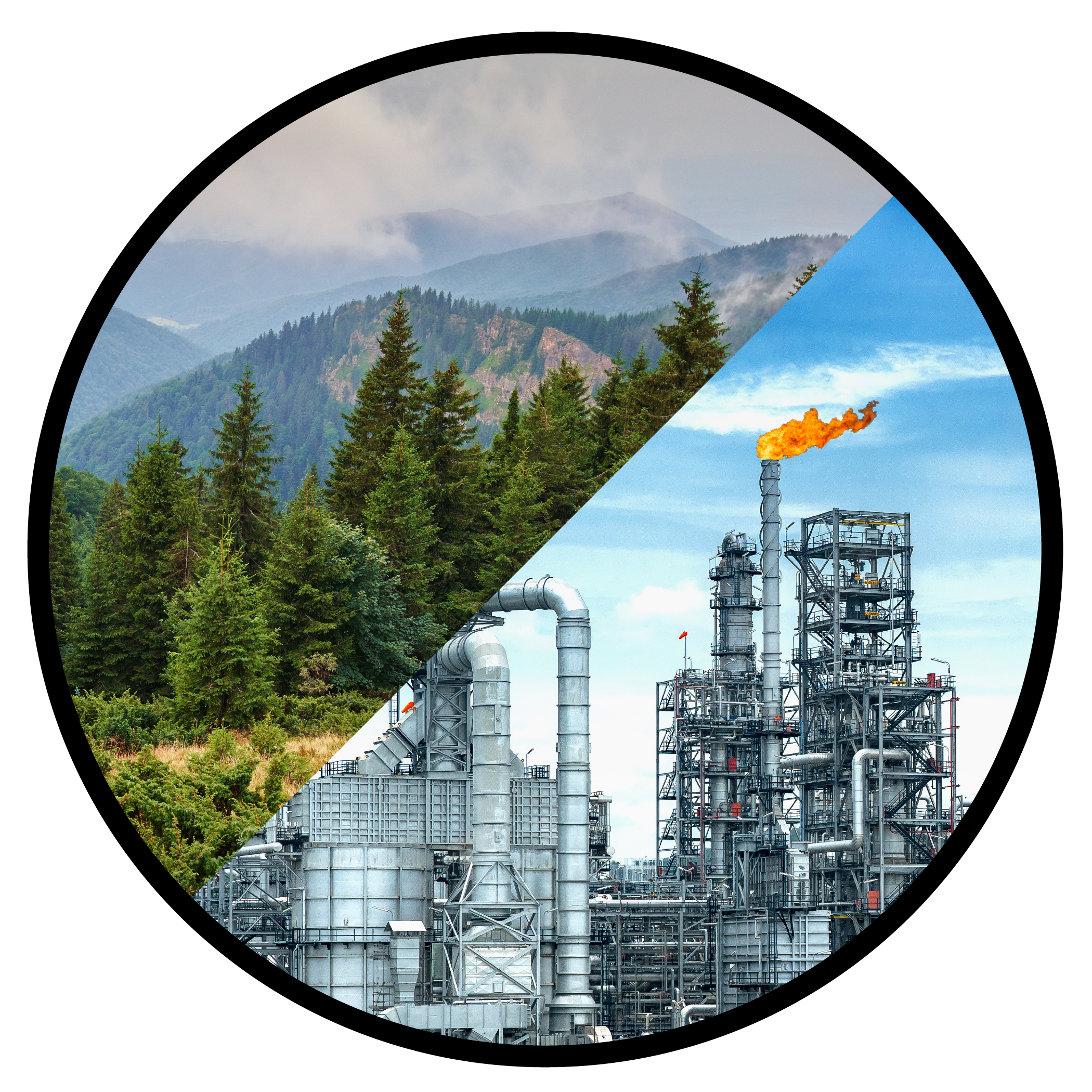 A split view showing a lush green forested mountain landscape on the left and an industrial factory with smokestacks emitting orange flames on the right.