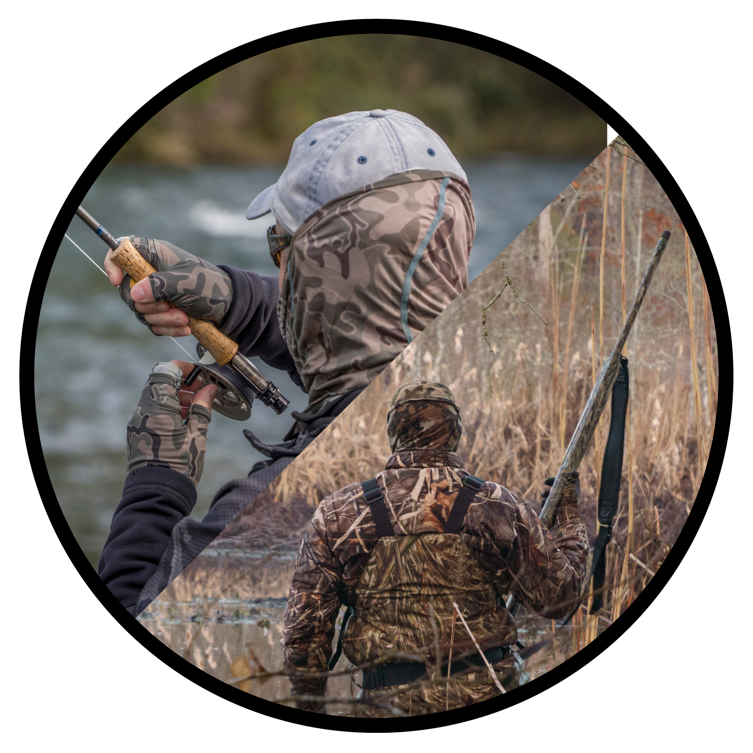Child wearing camouflage jacket and gray cap fishing in a river.