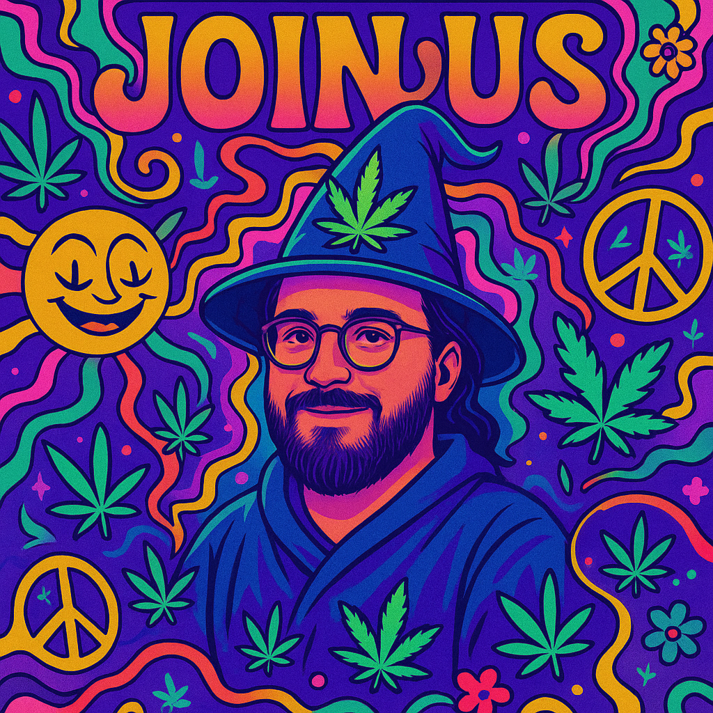 Colorful illustration of a man wearing glasses and a wizard hat with a marijuana leaf on it, surrounded by marijuana leaves, smiley faces, peace symbols, and swirling patterns, with the word 'JOINUS' at the top.
