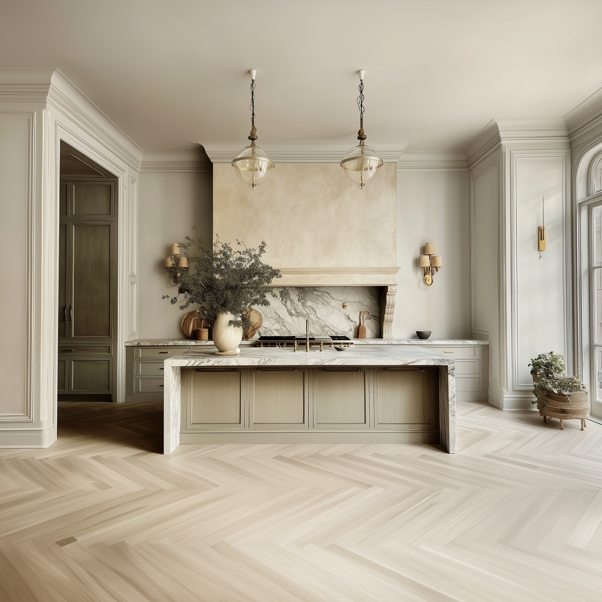 A modern kitchen with a white marble island, beige cabinetry, and two glass pendant lights hanging from a white ceiling with crown molding. There is a plant in a wicker basket on the floor to the right.
