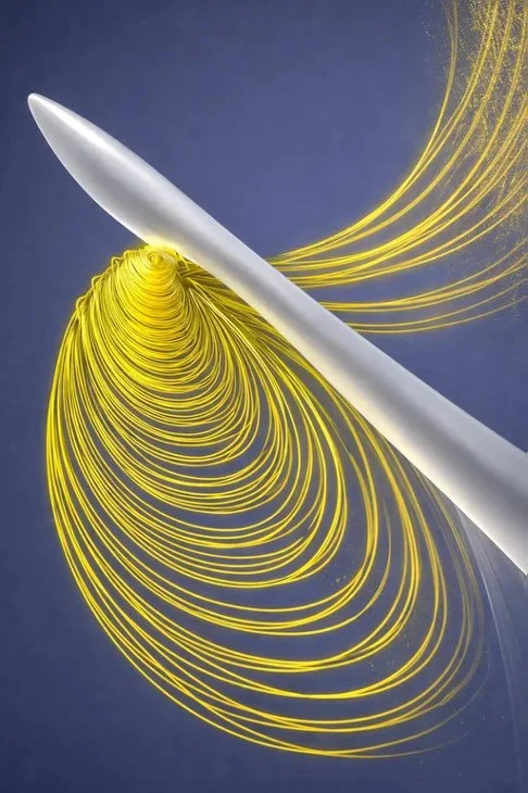 Silver blade with yellow tip-vortex structures, displayed rotated ninety degrees.