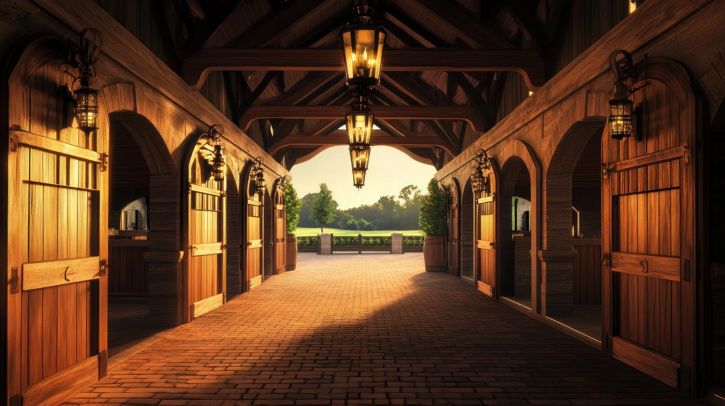 A covered outdoor patio or barn-like structure with open wooden doors, hanging lantern lights, brick flooring, and a view of a green landscape with trees and a field outside.