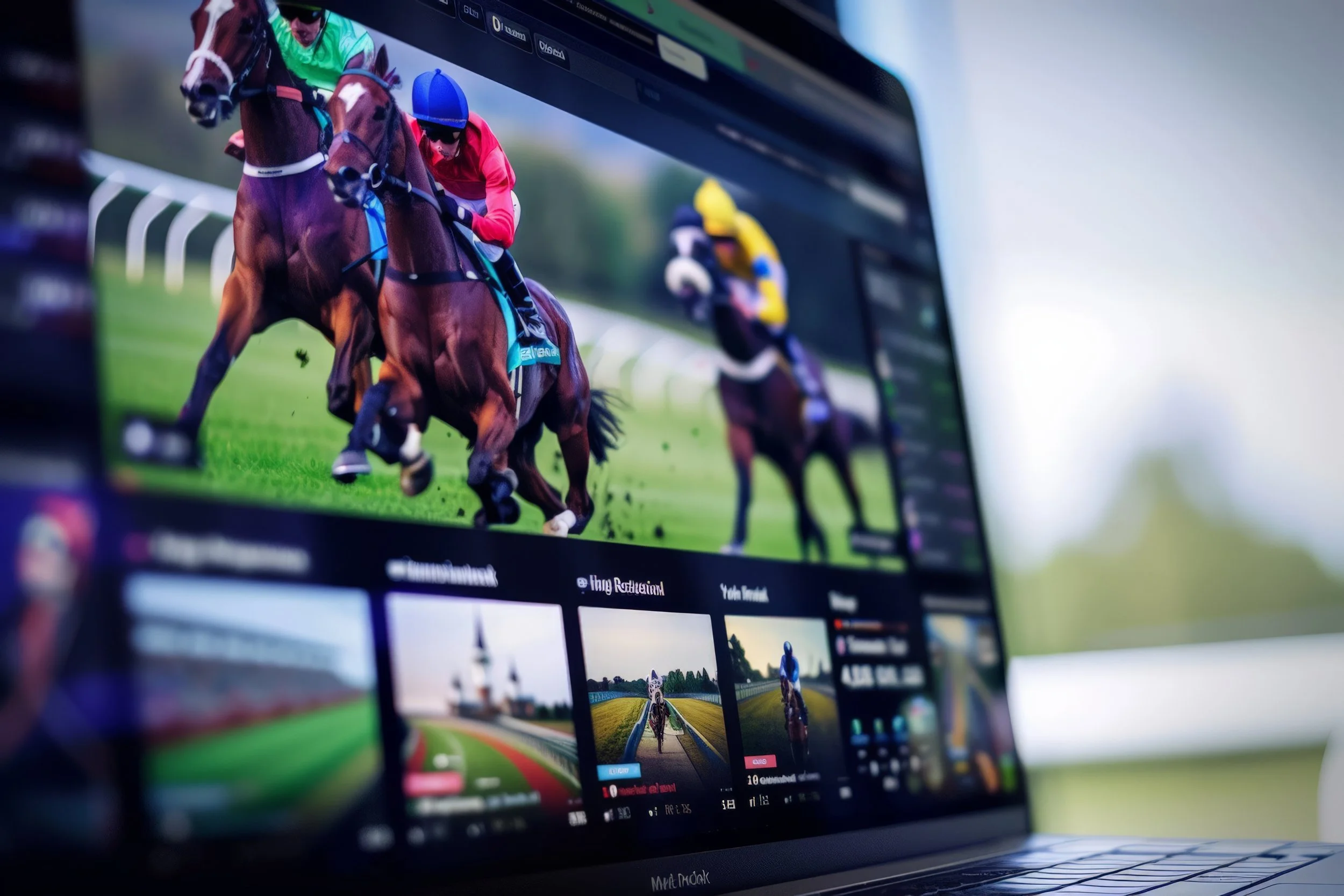 Close-up of a laptop screen displaying a horse racing image with three jockeys riding horses on a racetrack.
