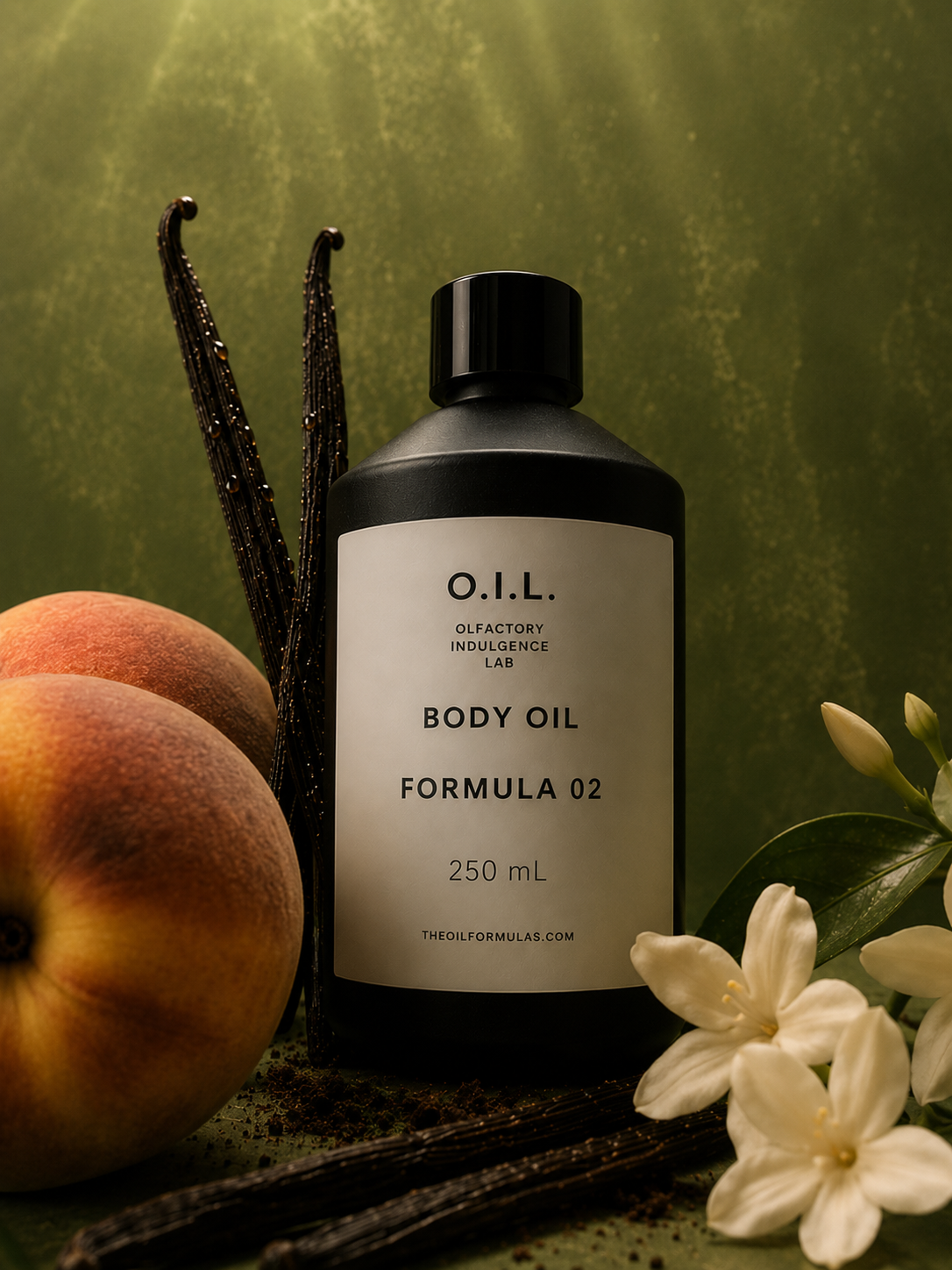 A bottle of body oil labeled 'O.I.L. Olfactory Indulgence Lab Body Oil Formula 02 250 mL' surrounded by peaches, vanilla beans, white flowers, and green leaves against a green background.