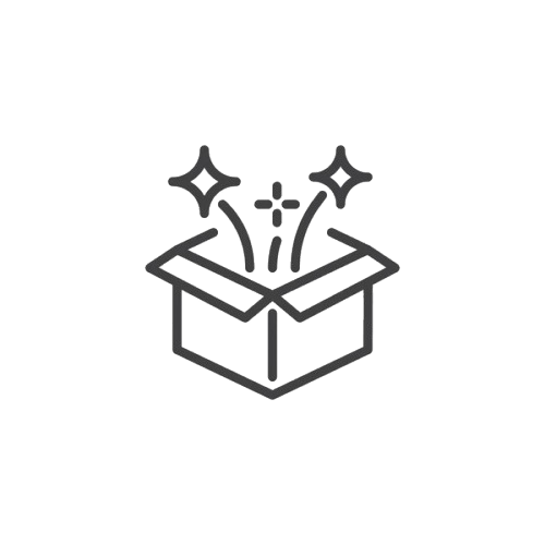 Simple black and white icon of a box with sparkles and confetti coming out, representing celebration or magic.