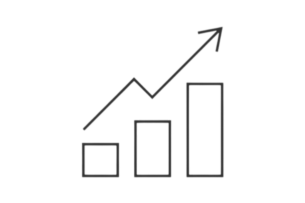 Line graph with an upward trending arrow and three increasing bars representing growth or progress.