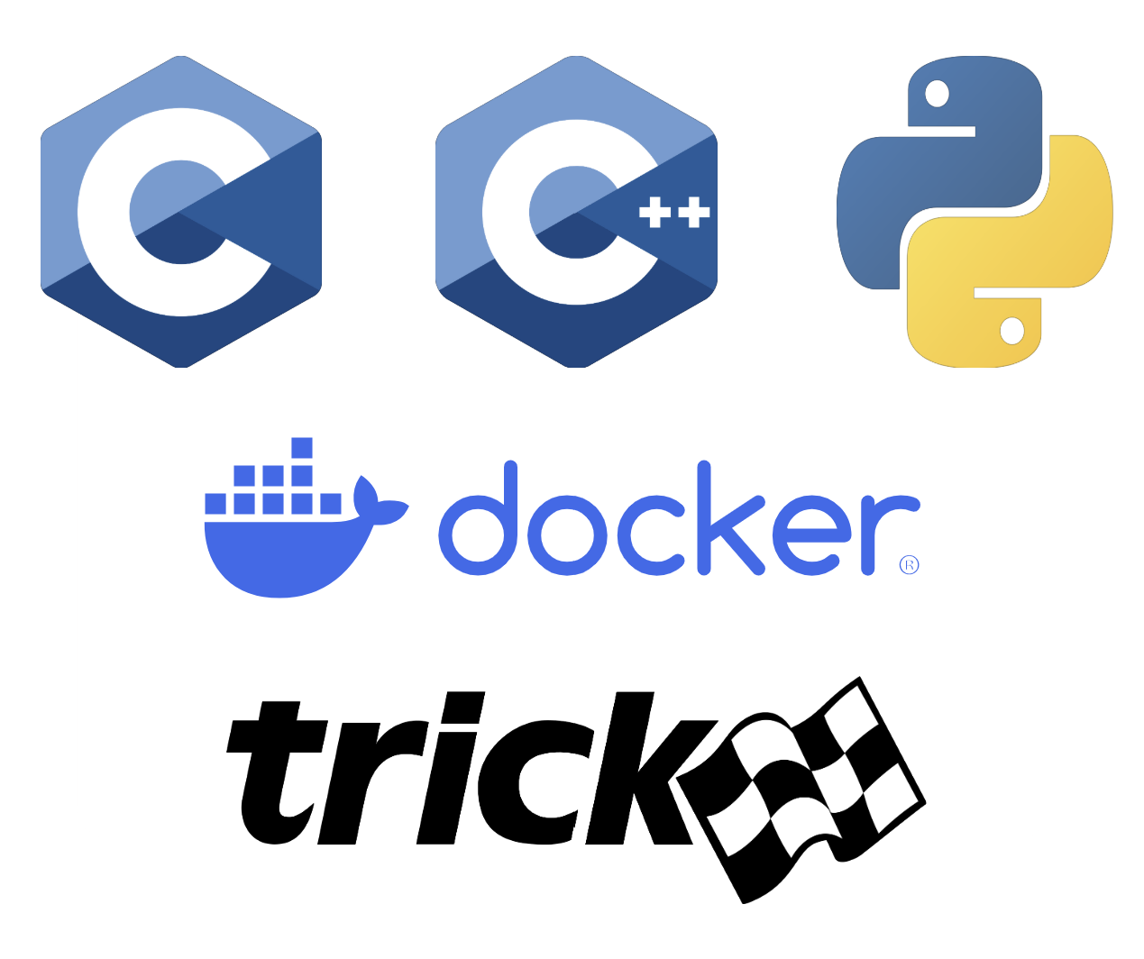 Logos of programming and technology brands, including C, C++, Python, Docker, and a NASA Trick.