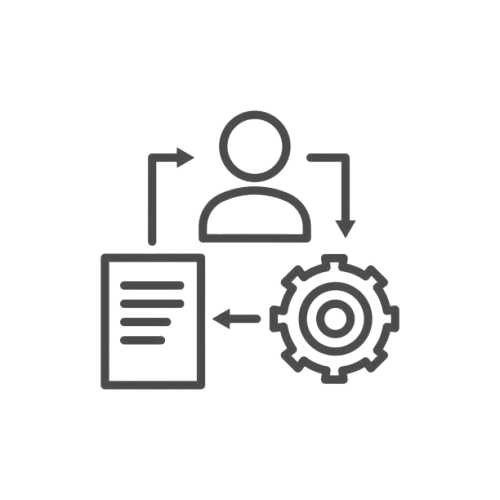 Icon representing user management and process automation, including a user figure, a document, and a gear.