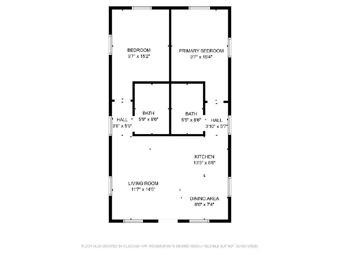 Floor plan of a house with two bedrooms, two bathrooms, a living room, a kitchen, a dining area, and hallways.