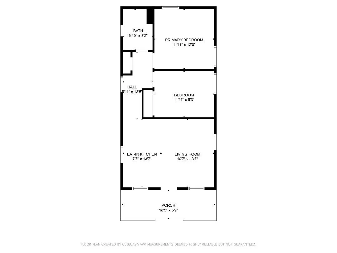 Floor plan of a house showing a porch, living room, eat-in kitchen, bedroom, primary bedroom, hall, and bathroom. Dimensions are labeled for each room.