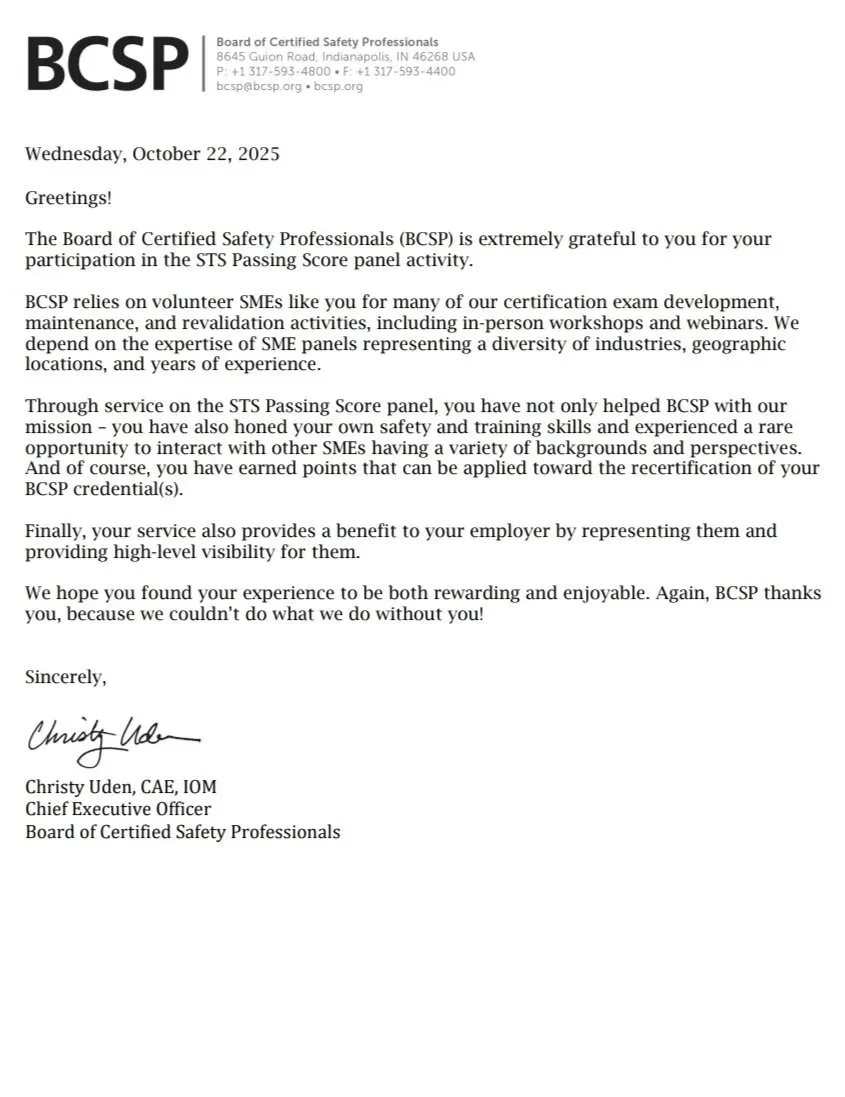 Letter from the Board of Certified Safety Professionals (BCSP) dated October 22, 2025, expressing gratitude for participation in the STS Passing Score panel activity, signed by Christy Uden, CAE, IOM, Chief Executive Officer.