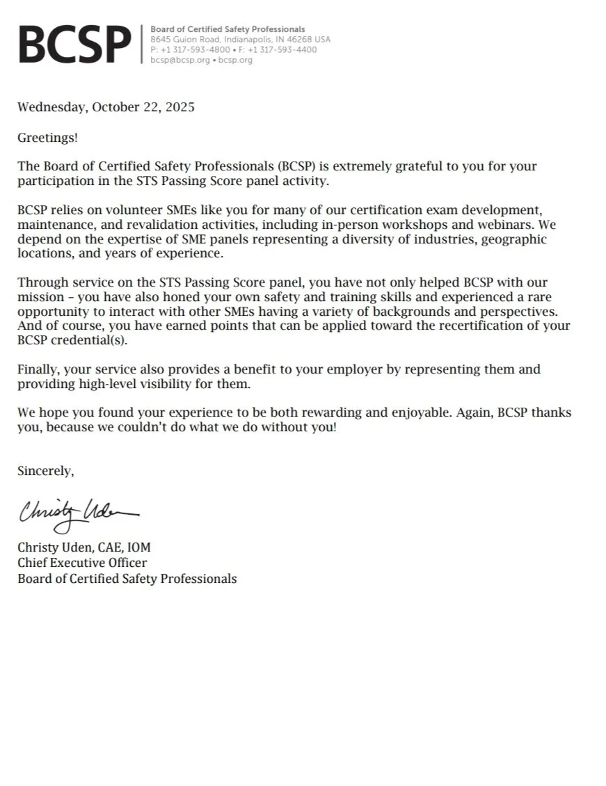 Letter from the Board of Certified Safety Professionals (BCSP), addressed to a recipient, dated October 22, 2025, expressing gratitude for participation in the STS Passing Score panel activity, signed by Christy Uden, CEO.
