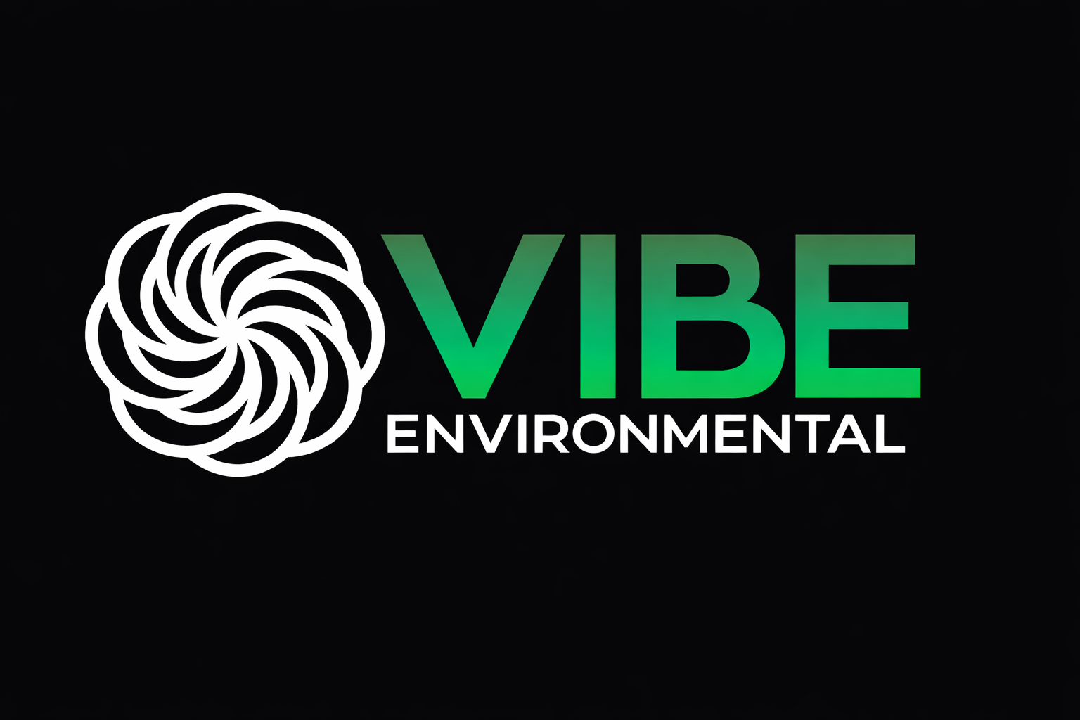 VIBE Environmental logo with a white swirl design on a black background and the words 'VIBE ENVIRONMENTAL' in green and white text.