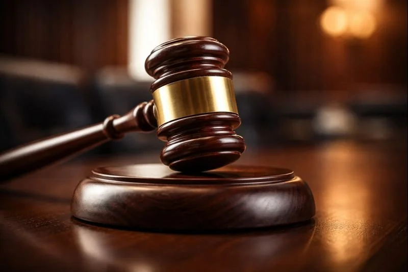 A wooden judge's gavel resting on a sound block in a courtroom setting.