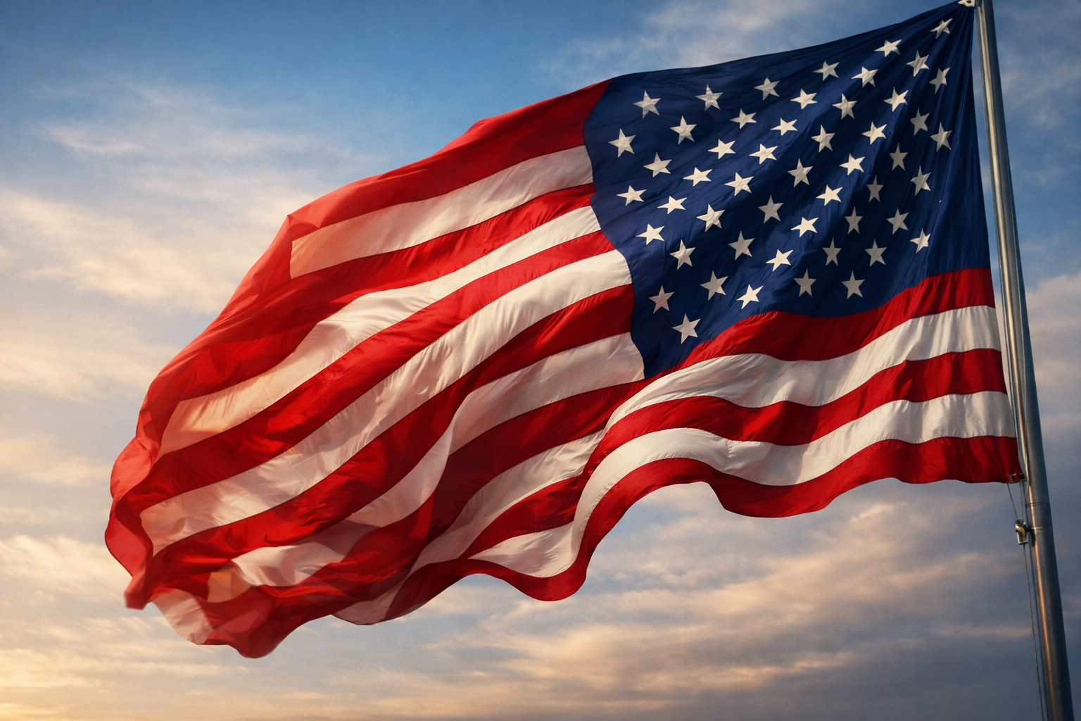 American flag waving in the wind during sunset.