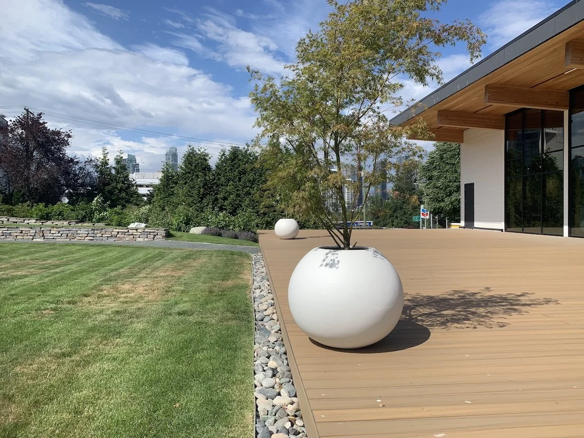 Modern outdoor patio with large white planter holding a small tree, next to a wooden deck, with a well-kept grassy lawn and a stone border, under a partly cloudy sky.