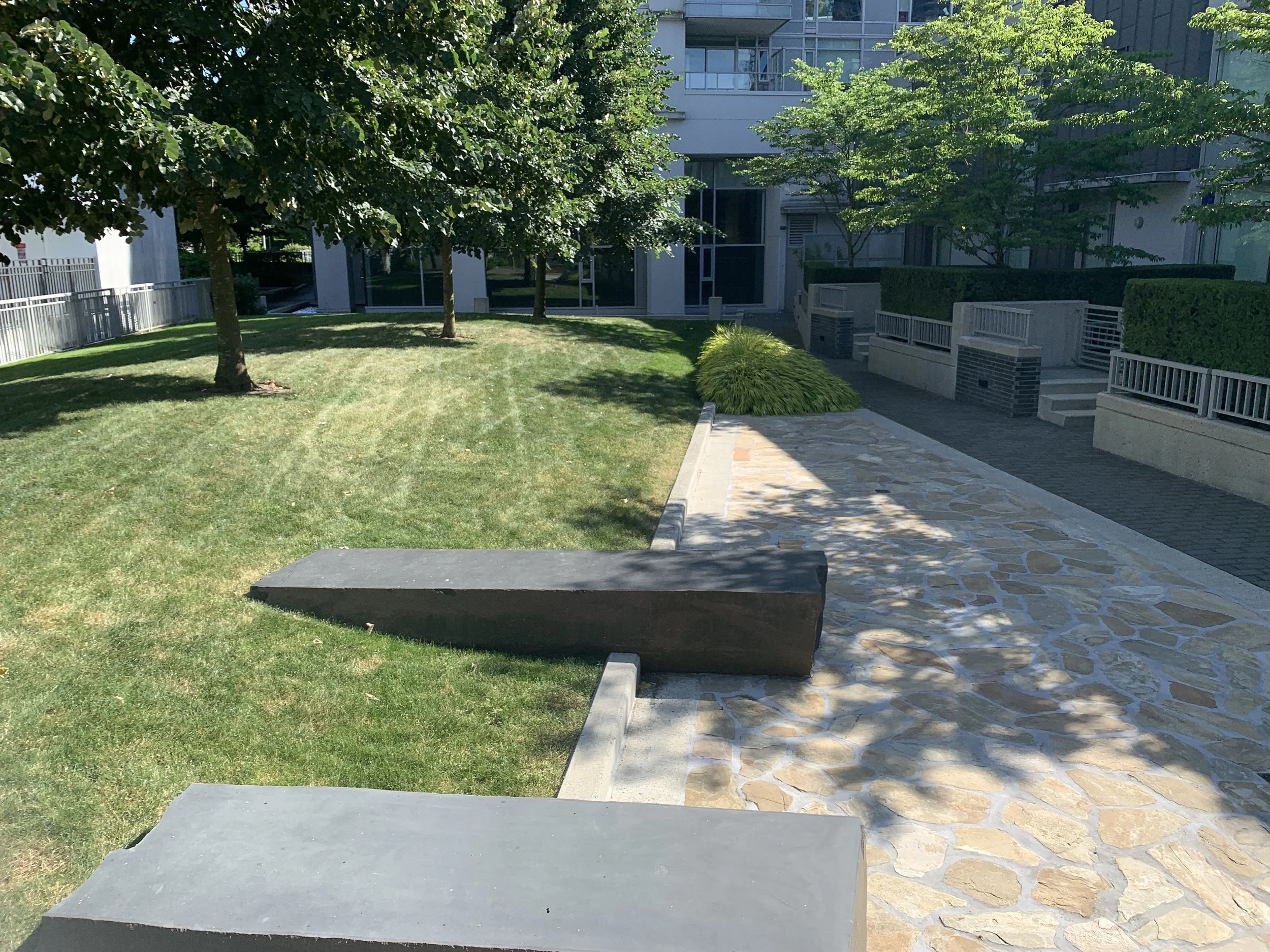 A landscaped outdoor area with green grass, trees, and a stone pathway leading to steps in front of a modern building with glass windows. Shadow patterns from the trees are visible on the walkway.