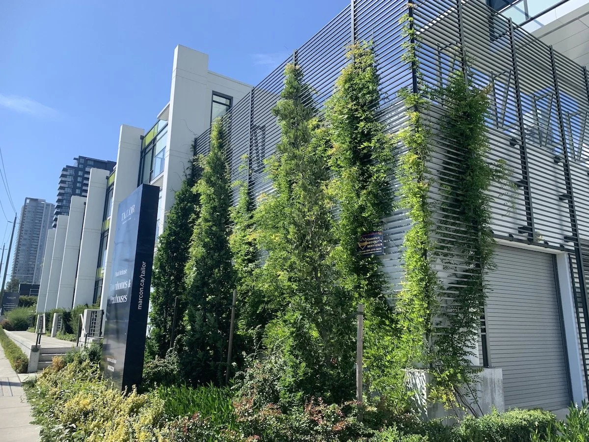Modern multi-story building with horizontal metal slats and tall green trees in front, sunny day with blue sky and neighboring high-rise buildings.