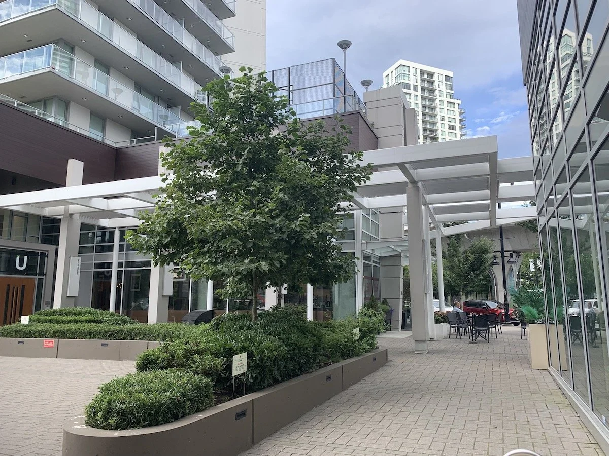 Outdoor urban courtyard with greenery, modern glass building, and high-rise apartments in the background.