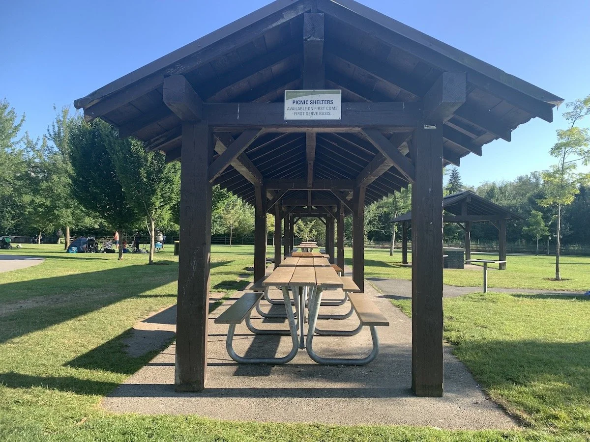 Wooden picnic shelter with tables and benches in a park, surrounded by green grass and trees, with a clear blue sky.