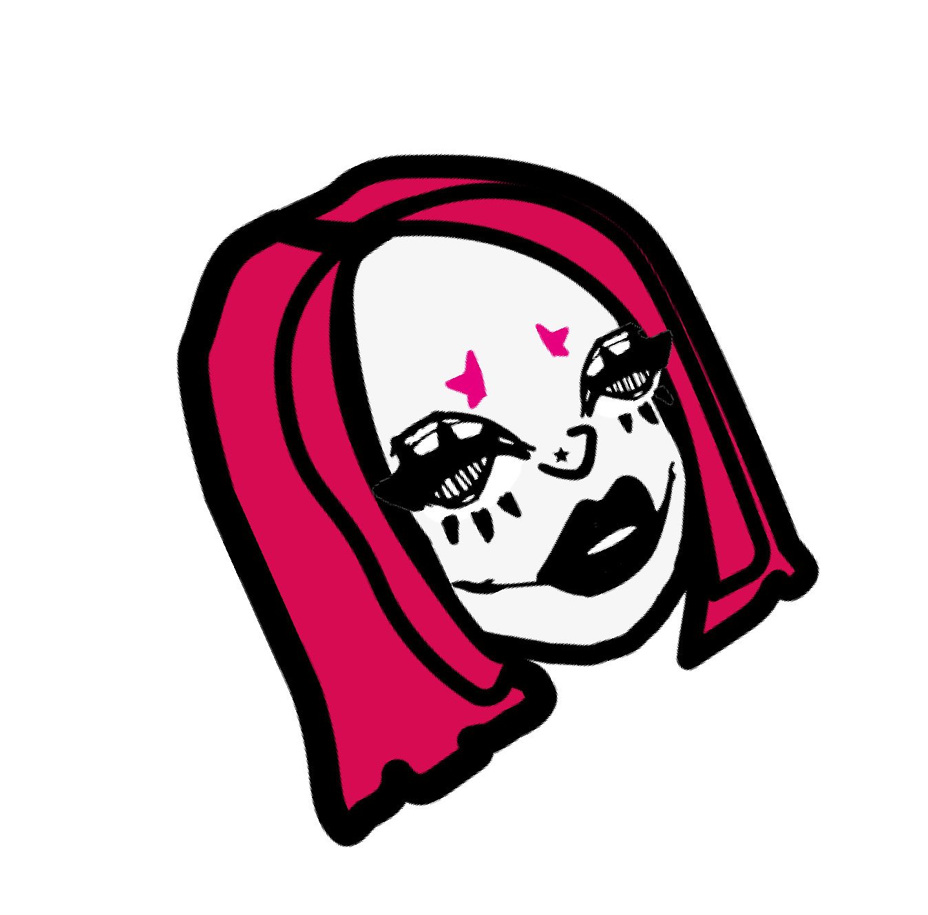 Illustration d'une femme avec un maquillage artistique, cheveux longs et roses, yeux maquillés avec un style artistique, lèvres foncées.