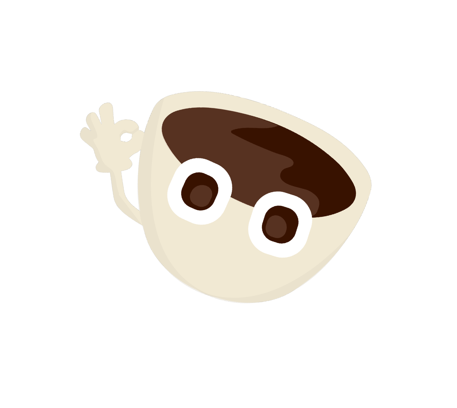 Tasse de café anthropomorphe avec visage, bras et main faisant un signe de paix.