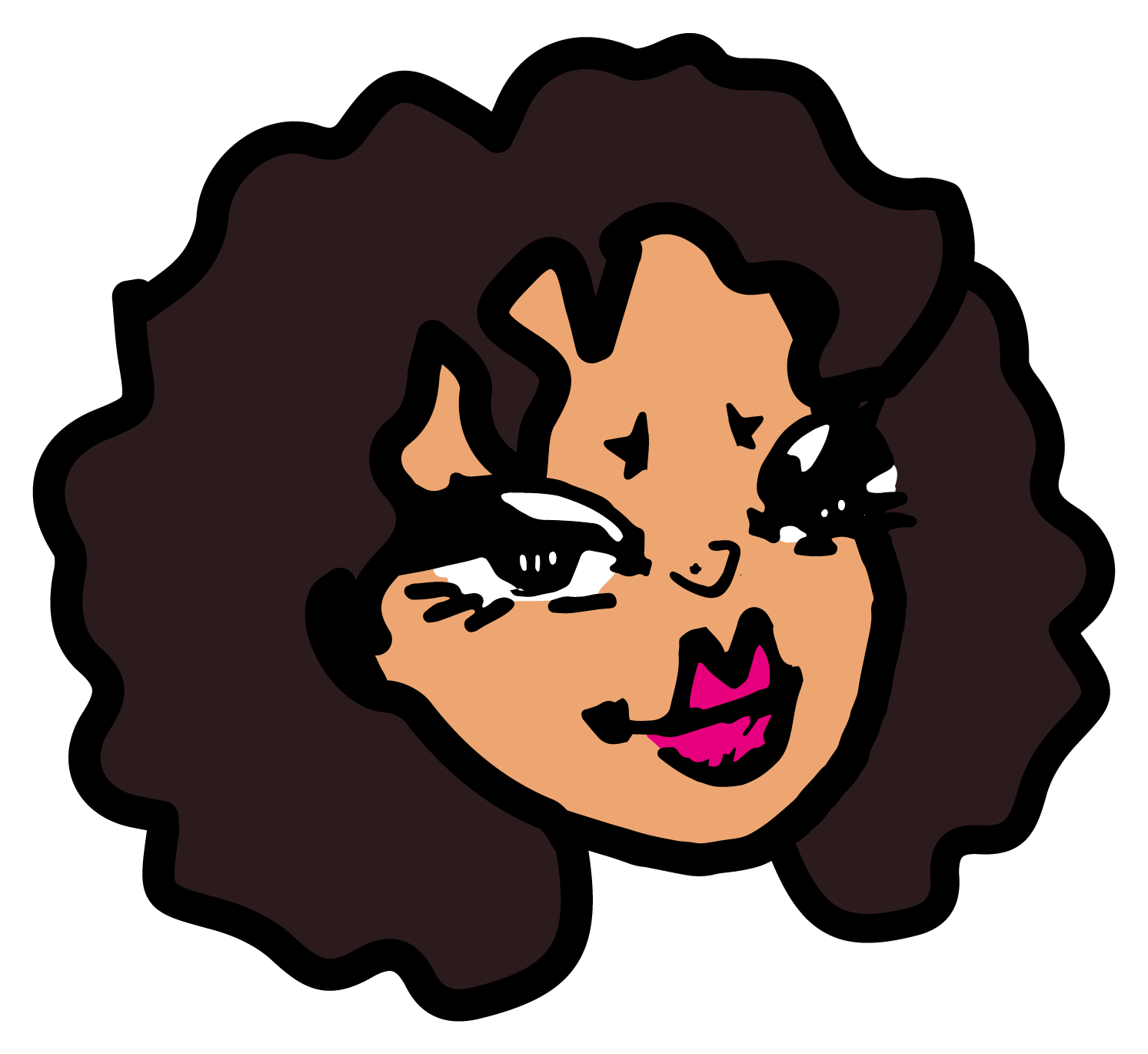 Portrait d'une femme avec des cheveux bouclés, maquillage avec des yeux charbonneux et lèvres roses.