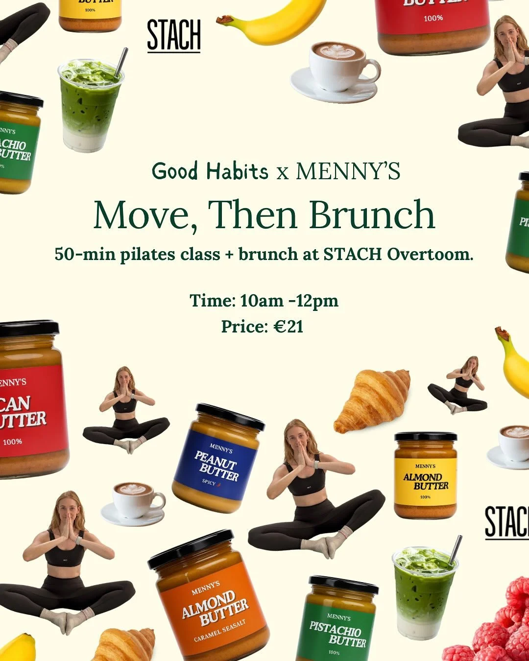 Move, sweat, brunch, coffee 🥐✨
Join us next Sunday 23 November for a 50-min Good Habits Pilates class followed by a buttery brunch with @mennysbutters at @stachfood Overtoom. Because movement is just better when there&rsquo;s brunch after 💪💚 Sign 