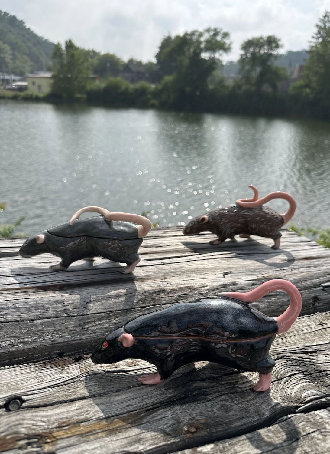 Three ceramic rats placed on a weathered wooden surface near a body of water, with trees and houses in the background.