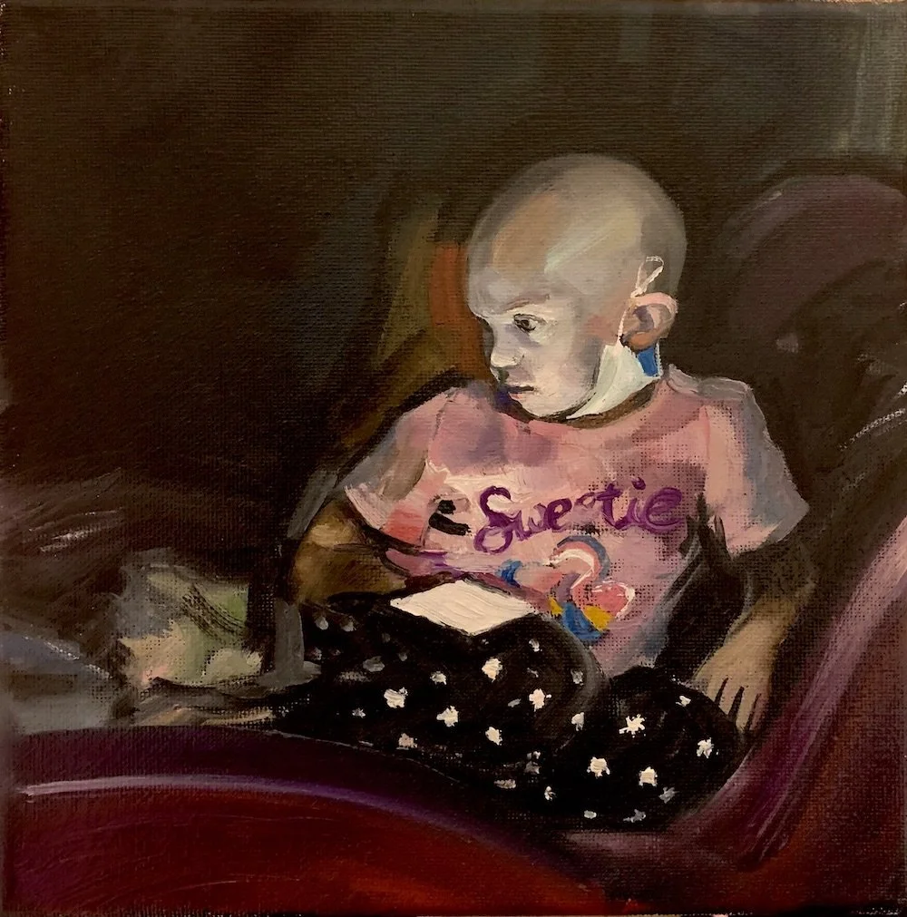 Sweetie (cancer patient in a bomb shelter), oil on canvas, 8"x8"
