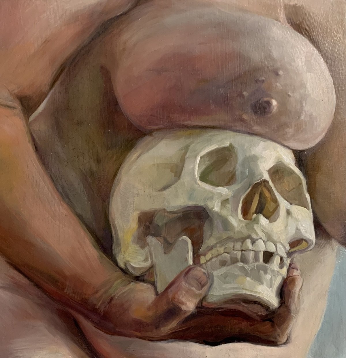 Meat Hat for Bonehead, oil on panel, 8"x8"