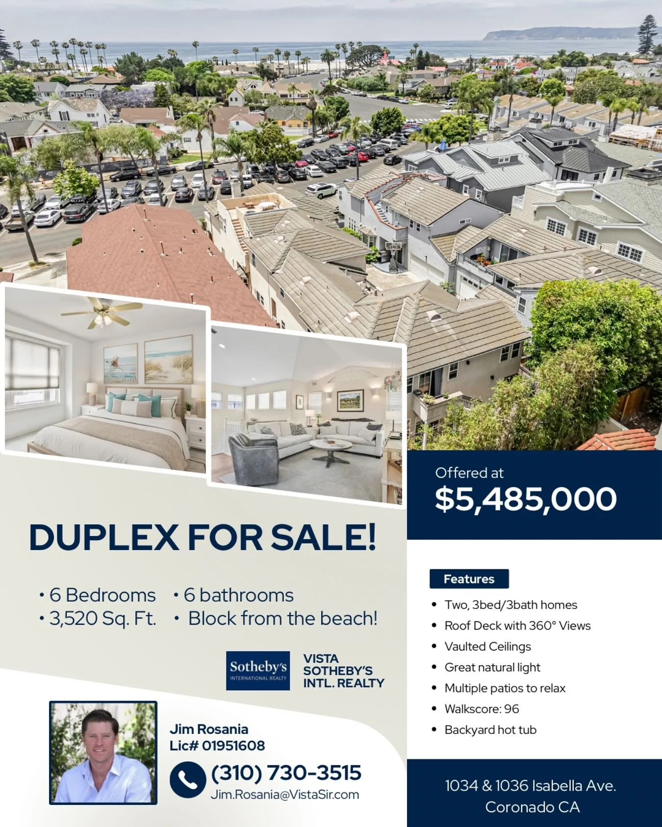 🌴 Rare Coronado Village Duplex For Sale! Just 1.5 blocks from the beach and west of Orange Ave &mdash; this is a unique investment or lifestyle opportunity in an unbeatable location.

🏠 Two 3 bed / 3 bath homes totaling 3,520 sq ft with a 4-car gar