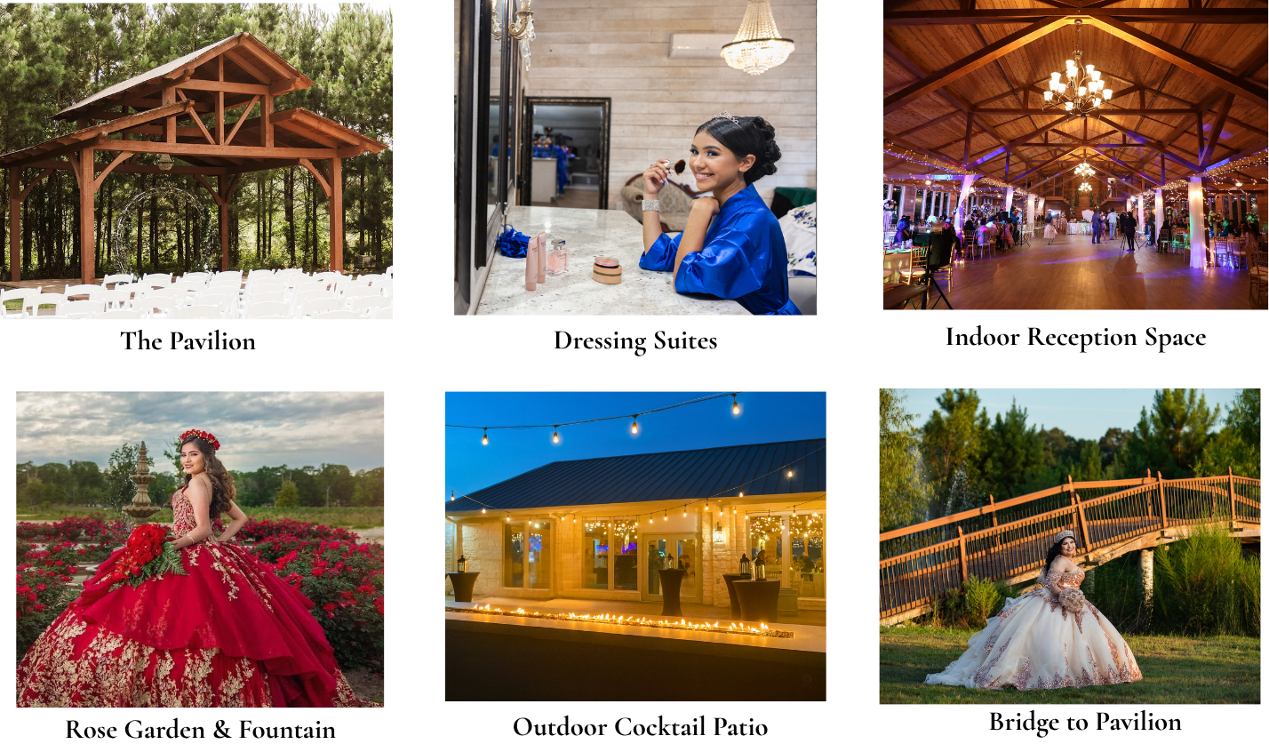 A collage of six images showing various wedding-related scenes: an outdoor pavilion with white chairs, a smiling woman in a blue robe getting ready, an indoor reception hall with wooden beams and lighting, a bride in a red gown in a garden, a wedding venue with string lights, and a bride in a white gown near a wooden bridge in a park.