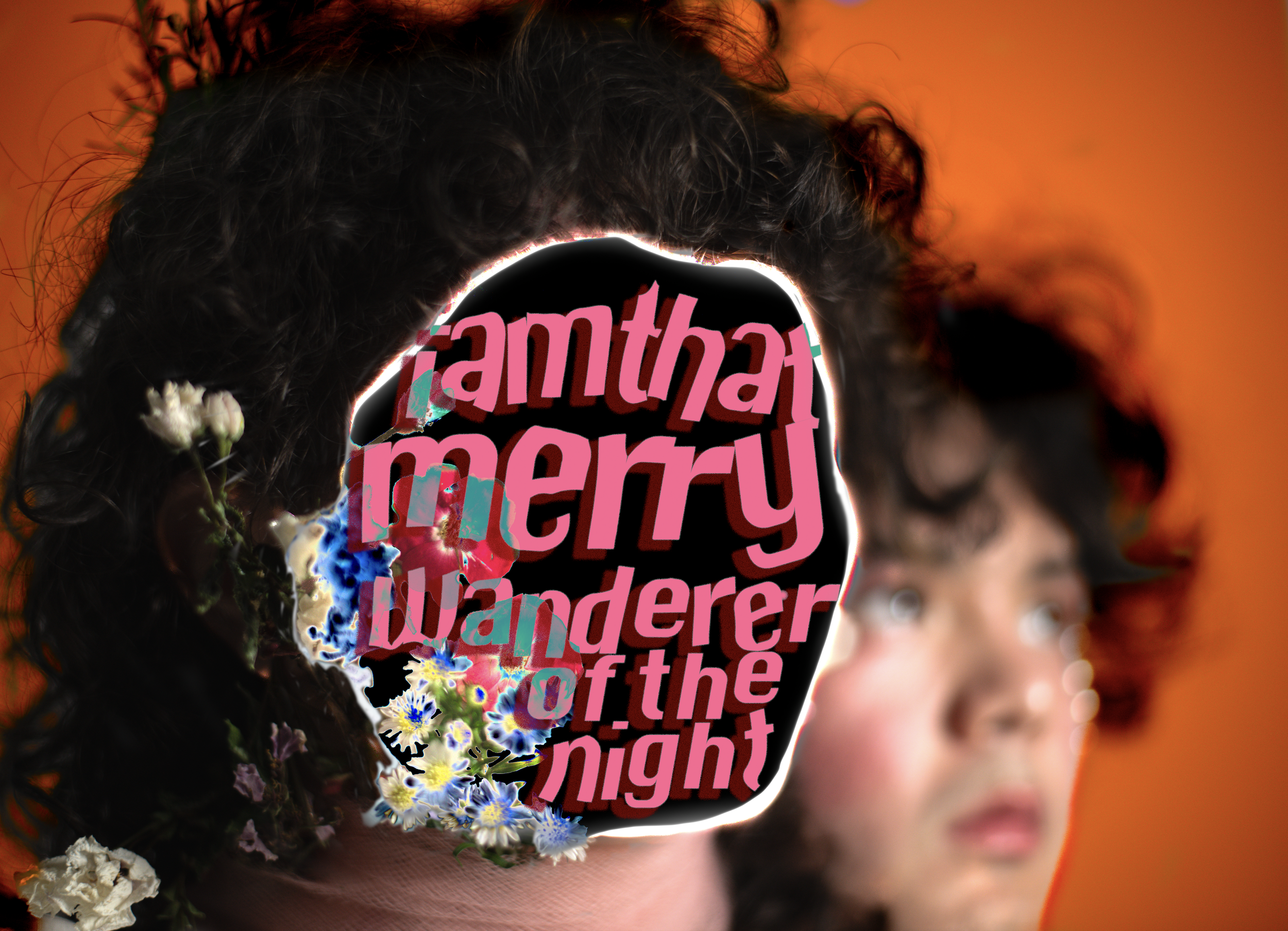 A woman with dark, curly hair against an orange background. Her face is partially blurred, with a floral overlay and text overlay in pink that reads 'i am the merry wanderer of the night.' midsummer nights dream quote
