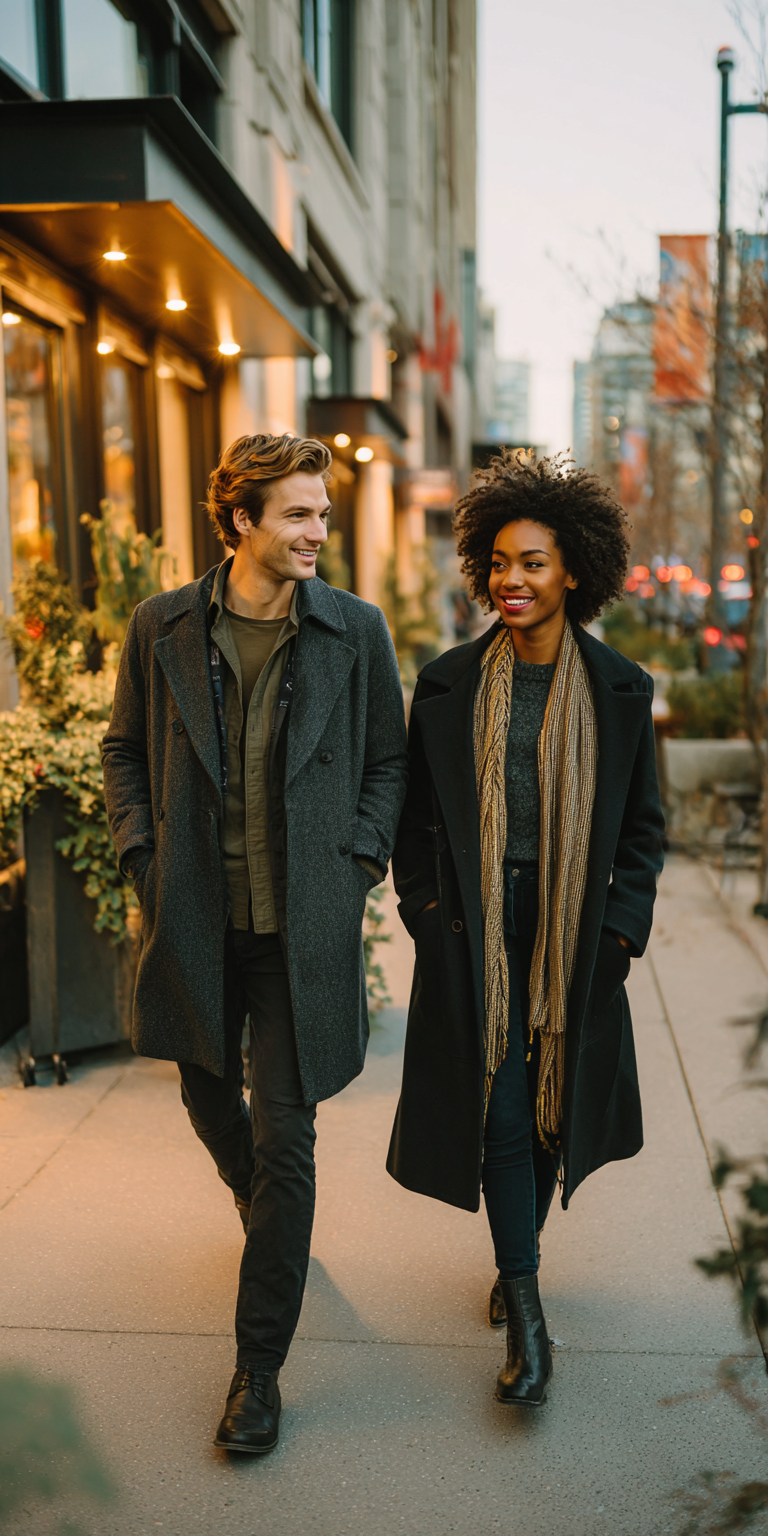 Two professionals walking together along a city street.