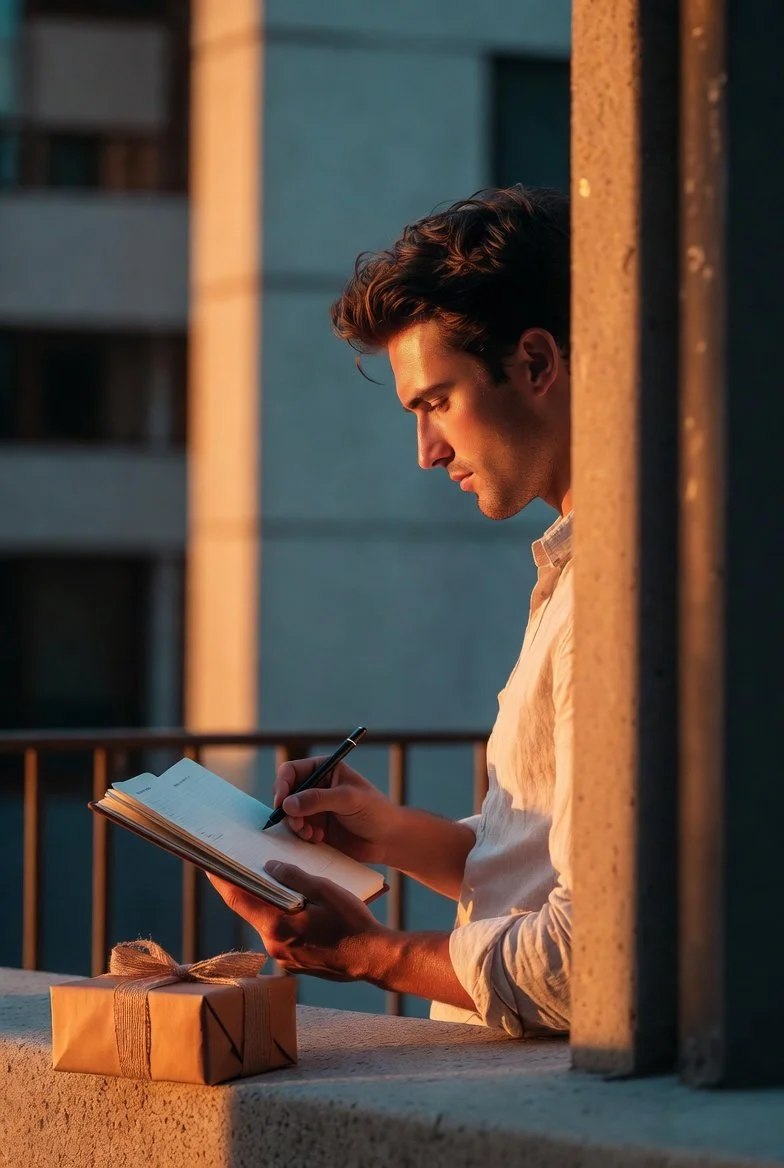 Young adult son focuses on a meaningful personal object on a loft terrace at golden hour, with a wrapped gift nearby and a parent observing in soft focus.