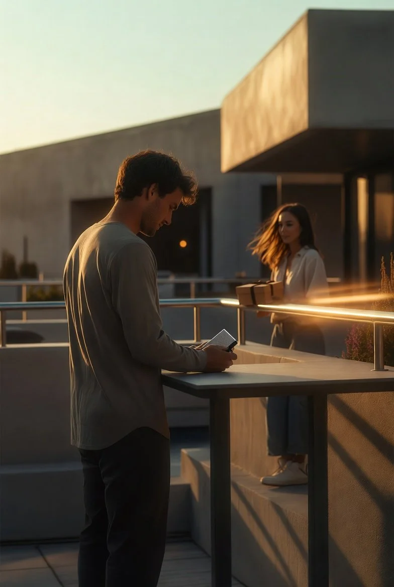 A brother examines a small modern object on a rooftop table while his sister stands nearby holding a minimalist gift, observing a subtle moment that inspires a meaningful gift idea.